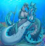 anthro aquatic_dragon big_breasts blue_eyes breasts dragon duo female female/female fin fuf genitals hi_res licking marine mythological_creature mythological_scalie mythology nipple_fetish nipple_lick nipple_play nipples non-mammal_breasts nude plump_labia pussy scalie tongue tongue_out unbirthing underwater vaginal vore water yellow_eyes