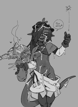 5_fingers areola armor bodily_fluids bottomwear breasts clothed clothing coin cum cum_in_hair cum_on_arm cum_on_armor cum_on_belly cum_on_body cum_on_breasts cum_on_ground cum_on_tail cum_on_topwear duo female fingers genital_fluids gloves grey_background hair hair_over_eye handwear holding_bag lying male male/female male_human navel nipples on_back one_breast_out one_eye_obstructed open_mouth open_smile partially_clothed partially_clothed_female raised_clothing raised_topwear simple_background small_waist smile tail topwear beamerbruh human mammal 2025 absurd_res digital_drawing_(artwork) digital_media_(artwork) hi_res monochrome