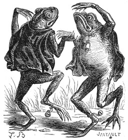 ambiguous_gender anklet anthro bell cape claws clothing duo grass jewelry mostly_nude_anthro necklace outside plant louis_le_breton dictionnaire_infernal amphibian frog 1863 19th_century ancient_art black_and_white hi_res monochrome signature