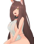 big_breasts breasts brown_hair collar female hair huge_breasts open_mouth simple_background sitting solo tongue white_background nao_(artist) animal_humanoid humanoid digital_media_(artwork) shaded