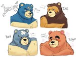 anthro band-aid bandage blue_body blush brown_body brown_fur eyes_closed fur grey_body group male scar text anommyself animal_crossing nintendo curt_(animal_crossing) groucho_(animal_crossing) ike_(animal_crossing) teddy_(animal_crossing) bear mammal 2022 bust_portrait hi_res portrait