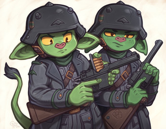 armor clothing duo gun headgear helmet holding_gun holding_object holding_ranged_weapon holding_weapon m1898_pistol_carbine mauser_c96 military_uniform ranged_weapon tail tail_tuft tuft uniform weapon goobone mauser goblin humanoid hi_res