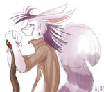 anthro biped clothed clothing fluffy fluffy_tail fur hair long_ears male open_clothing open_shirt open_topwear pose purple_body purple_fur purple_hair shirt simple_background solo staff tail topwear white_background white_body white_fur adr mammal low_res