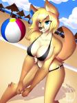 accessory anthro ball beach beach_ball big_breasts bikini black_bikini black_clothing black_swimwear blonde_hair breasts butterfly_clip cleavage clothed clothing detailed_background facial_piercing female furgonomics furry-specific_piercing hair hair_accessory hairclip inflatable lip_piercing muzzle_piercing nose_piercing outside piercing sand seaside sky solo sport summer swimwear two-piece_swimsuit volleyball water misentes kaiyonato canid canine fennec_fox fox mammal true_fox 3:4 hi_res