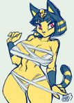 4_fingers anthro bandage big_breasts blue_hair breasts clothed clothing egyptian female fingers fur hair red_eyes simple_background skimpy solo standing uraeus white_background yellow_body inuki animal_crossing nintendo ankha_(animal_crossing) domestic_cat felid feline felis mammal 2021 digital_media_(artwork)