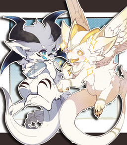 3_fingers 3_toes 4_ears 4_horns ambiguous_gender blue_eyes cute_fangs duo fangs feet feral fingers fur grey_body grey_fur horn inner_ear_fluff kemono looking_at_another male multi_ear multi_horn pawpads paws teeth toes tongue tongue_out tuft white_body white_fur wings yellow_body yellow_eyes yellow_fur nagi_onemu mythology aquatic dragon fish furred_dragon furred_scalie mythological_creature mythological_scalie scalie 2022 absurd_res hi_res