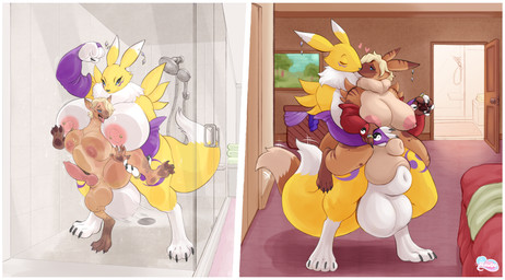 animal_genitalia anthro anthro_on_anthro assimilation balls bathroom bedroom big_balls big_breasts black_sclera blonde_hair border breasts claws detailed_background digitigrade door duo eyes_closed from_behind_position fully_sheathed fur genitals gynomorph gynomorph/gynomorph hair heart_symbol huge_breasts inside intersex intersex/intersex kissing knot nipple_piercing nipples nude pawpads penis piercing sex sheath smile species_transformation standing tail transformation white_balls white_border white_breasts yellow_body yellow_fur meganemausu bandai_namco digimon renfred_(mr.mortecai) digimon_(species) hyena mammal renamon 2026 absurd_res digital_media_(artwork) hi_res