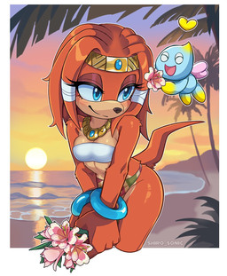 anthro beach bottomwear bouquet breasts cleavage clothed clothing duo eyes_closed female flower flower_bouquet fur hair happy holding_bouquet holding_flower holding_object loincloth orange_body outside plant seaside size_difference sky smile standing sunset tail topwear water shiro_sonic sega sonic_adventure sonic_the_hedgehog_(series) tikal_the_echidna chao_(sonic) echidna mammal monotreme digital_media_(artwork) hi_res