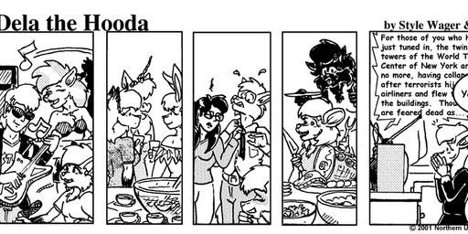 anthro breasts clothed clothed_female clothed_male clothing dialogue electronics eyes_closed eyewear female food fur glasses group hair jacket kitchen male male/female musical_note musical_symbol necktie open_clothing open_jacket open_topwear punch_bowl scared sunglasses symbol television text topwear style_wager 9/11 dela_the_hooda christy_chipmunk clepen_blossom darke_katt dela_aldershaw edith_picadelly jake_mcross rags_(style_wager) ripley_rat sheena_(maxblackrabbit) sue_chan_(dela_the_hooda) winni_(dela_the_hooda) canid canine canis chipmunk domestic_cat felid feline felis fox ground_squirrel hooda human lagomorph leporid mammal mouse murid murine rabbit rat rodent sciurid wolf 2001 comic english_text greyscale monochrome