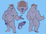 anthro bear beard belly body_hair butt chest_hair clothing facial_hair front_and_back genitals hat hat_over_eyes headgear headwear hi_res igiveyoulemons male mammal model_sheet musclegut muscular nipples pecs penis purple_body solo timber_(timbearr) two_tone_balls