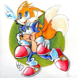 anthro blue_body blue_eyes carrying_another cheek_tuft clothing duo facial_tuft featureless_crotch footwear fur green_eyes happy logo looking_up male male_anthro nude on_shoulders open_mouth open_smile orange_body orange_fur red_clothing red_footwear red_shoes running shoes simple_background smile tan_body tuft white_body white_fur young young_anthro young_male pandapaco sega sonic_the_hedgehog_(series) miles_prower sonic_the_hedgehog canid canine eulipotyphlan fox hedgehog mammal 2012 artist_logo dated signature