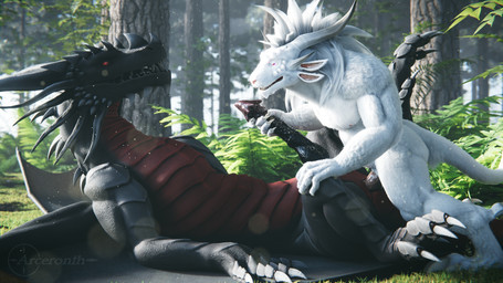 anal anal_penetration animal_genitalia anthro anthro_on_feral anthro_penetrating anthro_penetrating_feral anus bestiality biped black_body black_penis black_scales claws countershade_scales countershading duo erection eye_contact feral feral_penetrated forest from_front_position fur genital_slit genitals glans hand_on_knee hand_on_leg handjob handjob_while_penetrating happy happy_sex horn larger_penetrated leaf light looking_at_another looking_at_partner lying magenta_eyes male male/male male_penetrated male_penetrating male_penetrating_male membrane_(anatomy) membranous_wings missionary_position nude nude_anthro nude_male on_back on_ground outside outside_sex pecs penetration penile penile_penetration penis penis_grab penis_in_ass pink_glans pink_inner_ear pink_nose pink_penis plant quadruped red_body red_eyes red_scales scales sex sharp_teeth side_butt side_view size_difference small_top_big_bottom smile spread_legs spreading sunlight teeth tree white_body white_fur wings arceronth arceronth_(modeler) european_mythology guild_wars mythology arceronth_(character) sheanor_(herashi) charr dragon felid mammal mythological_creature mythological_scalie scalie western_dragon 16:9 2024 3d_(artwork) 4k absurd_res digital_media_(artwork) hi_res widescreen