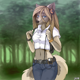 5_fingers anthro backpack belt biped blonde_hair blue_eyes bottomwear breasts clothed clothing denim denim_bottomwear denim_clothing detailed_background electronics female fingers fluffy fluffy_tail fully_clothed fur hair headphones jeans jewelry medium_breasts midriff navel necklace outside pants portable_music_player shirt solo tail tan_body tan_fur topwear white_clothing white_shirt white_topwear koul apple_inc. ipod koul_fardreamer canid canine canis mammal wolf 1:1 2009 portrait shaded three-quarter_portrait