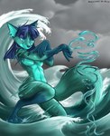 anthro blue_body blue_eyes blue_fur blue_hair breasts cloud cloudy_sky elemental_manipulation female fox_tail fur hair nude sea sky smile solo tail water water_manipulation angrycontra elemental_foxes canid canine elemental_creature fox fox_spirit mammal water_creature water_fox digital_media_(artwork) hi_res