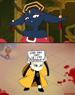 annoyed anthro big_ears black_bodysuit black_clothing black_eyes black_footwear black_nose black_shoes black_skinsuit blood blue_body blue_fur bodily_fluids bodysuit cheek_tuft clothing cross-popping_vein duo ear_piercing eyelashes eyeshadow facial_tuft female floppy_ears footwear front_view fur halo holding_object holding_sign humor looking_at_viewer lop_ears makeup male piercing pose red_clothing red_eyeshadow red_topwear robe shoes sign skinsuit tan_body tan_fur text tight_clothing topwear tuft yellow_clothing yellow_robe rozenmori disney nine_sols red_candle_games talespin goumang_(nine_sols) yi_(nine_sols) felid feline mammal solarian 2026 absurd_res artist_name colored english_text full-length_portrait hi_res portrait signature
