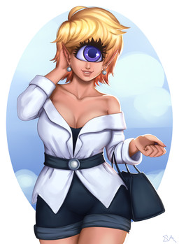 1_eye breasts cleavage clothed clothing ear_piercing female hair humanoid_pointy_ears monster_girl_(genre) multicolored_hair not_furry off_shoulder piercing pointy_ears purple_eyes smile solo two_tone_hair souladdicted viviana_(souladdicted) cyclops humanoid 2018 absurd_res digital_media_(artwork) hi_res