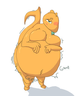 anthro belly big_belly big_breasts blush blush_lines breasts featureless_breasts female female_anthro hand_on_belly high-angle_view huge_belly hyper hyper_belly navel non-mammal_breasts obese obese_female outie_navel overweight overweight_female solo standing tail teal_tongue thick_thighs tongue tongue_out wide_hips yellow_body 6saw789 aquatic cyprinid cypriniform fish goldfish 2024 absurd_res hi_res shaded