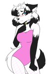 anthro blush breasts clothing collar embarrassed female fishnet_clothing fur pink_outfit solo white_body white_fur moname suki_arcticsnowfex arctic_fox canid canine fox mammal true_fox absurd_res hi_res