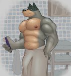 anthro areola bathroom biceps biped black_nose blue_body blue_fur brush bulge detailed_bulge fur genital_outline half-closed_eyes holding_object inside male muscular muscular_anthro muscular_male narrowed_eyes nipples pecs penis_outline solo standing toothbrush towel towel_only yellow_body yellow_fur fleshformomo bluey_(series) bandit_heeler australian_cattle_dog canid canine canis cattledog domestic_dog herding_dog mammal pastoral_dog 2023 digital_media_(artwork) hi_res