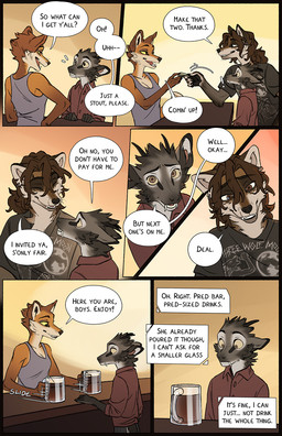 alcohol anthro bar beer beer_mug beverage biped black_nose brown_body brown_eyes brown_fur canine_teeth cheek_tuft dialogue facial_tuft female fluffy fluffy_tail fur furniture grey_body grey_fur group head_tuft inner_monologue male orange_body orange_fur pointy_ears prick_ears snout speech_bubble table tail tan_body tan_fur text text_box thinking trio tuft tusks yellow_sclera falco_works cameron_(falco_works) indy_(justroadkill) pen_(falco_works) canid canine canis cervine coyote deer fox mammal tufted_deer 2025 comic digital_media_(artwork) english_text hi_res