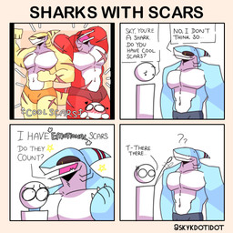 anthro arm_scar biceps big_muscles biped black_sclera blue_body blue_bottomwear blue_clothing blush blush_lines bottomwear chest_scar closed_smile clothed clothed_anthro clothed_male clothing countershade_face countershade_neck countershade_torso countershading dialogue directional_arrow dot_eyes dot_pupils empty_eyes eye_contact fin fin_scar flesh_fang flexing flexing_bicep flexing_muscles front_view furrowed_eyebrows gills group head_fin head_scar leg_scar looking_at_another looking_down looking_down_at_another looking_up_at_another male mouth_closed multicolored_body muscular muscular_anthro muscular_male navel neck_gills open_mouth open_smile orange_clothing orange_underwear pecs pose pupils question_mark red_body red_clothing red_scar red_stripes red_underwear scar simple_background simple_eyes slit_pupils smile snout speech_bubble star_polygon striped_fin stripes tail tail_scar talking_to_another tan_background text topless topless_anthro topless_male two_tone_body underwear underwear_only white_background white_body white_countershading x_scar yellow_body yellow_eyes skykdotidot anon sky_k.i._(character) aquatic fish shark 2024 absurd_res artist_name comic digital_drawing_(artwork) digital_media_(artwork) english_text half-length_portrait hi_res one_page_comic portrait three-quarter_portrait