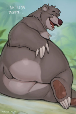 anthro big_butt black_body black_fur butt countershade_butt countershade_fur countershading fur head_tuft inviting legs_together looking_at_viewer looking_back looking_back_at_viewer lying male nude nude_male on_side open_mouth open_smile outdoor_nudity overweight overweight_male pawpads presenting presenting_hindquarters rear_view short_tail smile solo tail text tuft kokosetto the_jungle_book baloo bear mammal sloth_bear ursine 2025 2:3 english_text hi_res