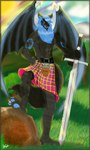 anthro bottomwear clothing glowing kilt_lift lgbt_pride male manly melee_weapon multicolored_bottomwear multicolored_clothing outside pansexual_pride_colors pride_color_bottomwear pride_color_clothing pride_colors proud shirtless_male smile solo sword teeth weapon wings thunderkitty3000 hyde_(character) bat canid canine canis eurasian_wolf hybrid mammal wolf 3:5 absurd_res hi_res