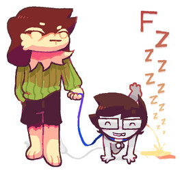 all_fours ambiguous/ambiguous ambiguous_gender anthro bodily_fluids clothing collar dog_walking dogwalking duo eyewear front_view fur genital_fluids glasses happy leash peeing raised_leg short sweater topwear urine watersports young young_human blu_moon homestuck ms_paint_adventures john_egbert canid canine human mammal
