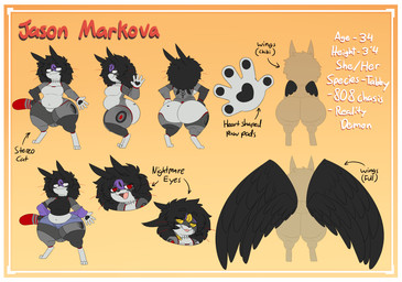 3_eyes anthro big_butt black_hair border breasts butt digitigrade feathered_wings feathers featureless_breasts featureless_crotch female fingerpads grey_body hair heart_(marking) highlights_(coloring) markings multi_eye navel nude overweight overweight_anthro pawpads purple_highlights red_eyes shortstack simple_background smile solo standing tail text whiskers white_border wings yellow_background yellow_eyes robertge jason_markova domestic_cat felid feline felis mammal 2026 digital_media_(artwork) english_text hi_res model_sheet