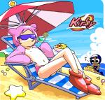 alternate_species beach black_eyes blue_hair blush bodily_fluids cloud detailed_background drinking duo eyewear hair humanoidized male navel nipples not_furry outside pink_hair saliva sand sand_castle sculpture seaside shirtless_sleeves sky sunglasses text umbrella water minus8 kirby_(series) nintendo gooey_(kirby) kirby kirby_boy_(minus8) alien humanoid mammal english_text