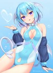 armwear blue_hair breasts cleavage cleavage_cutout clothed clothing cutout female hair head_wings heart_symbol not_furry one-piece_swimsuit purple_eyes solo swimwear unusual_wing_placement wings sand-rain demon humanoid 2021