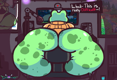 anthro big_butt biped bottomless butt camera chair clothed clothing computer electronics furniture huge_butt huge_hips hyper hyper_butt hyper_hips male microphone rear_view simple_background sitting solo text thick_thighs topwear webcam wide_hips feelingdrowzy hops_(feelingdrowzy) amphibian frog 2023 digital_media_(artwork) english_text