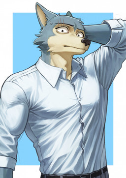 anthro bodily_fluids bottomwear clothed clothing eye_scar facial_scar fur grey_body grey_fur hand_behind_head looking_at_viewer male pants scar shirt simple_background solo standing sweat sweatdrop topwear nyeong beastars legoshi_(beastars) canid canine canis mammal wolf digital_media_(artwork) hi_res