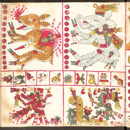 3_fingers 3_toes 5_fingers ambiguous_gender arrow_(weapon) blood blood_from_mouth blood_in_mouth bodily_fluids bone bottomwear clothing disembodied_head eyes_closed feet feral fingers fur genitals headgear holding_object hooved_fingers hooved_toes hooves kneeling loincloth male male_feral nosebleed open_mouth pelvic_curtain penis perforating_wound ranged_weapon scut_tail short_tail side_view skull solo standing symbol tail teeth toes tongue tongue_out weapon wounded unknown_artist american_mythology aztec_mythology mesoamerican_mythology mythology public_domain deer human mammal reptile scalie snake 15th_century 1:1 ancient_art hi_res multiple_images painting_(artwork) traditional_media_(artwork) traditional_painting_(artwork)
