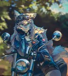 black_collar blue_clothing blue_eyes blurred_background bottomwear clothed clothing collar ear_piercing eyewear female fur goggles grey_body grey_fur handwear kemono looking_at_viewer motorcycle peace_symbol piercing solo tomboy topwear union_jack vehicle white_body white_fur shiiorina sally_(shiiorina) canid canine canis mammal wolf 2021 hi_res