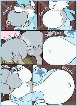 anthro belly big_belly big_breasts blue_clothing blue_hair blue_shirt blue_topwear breasts butt clothing female feral group hair huge_belly inflation inside oral_vore overweight shirt teats topwear udders vore weight_gain virus-20 wendy_wolf_(virus-20) bovid bovine canid canine canis cattle mammal mouse murid murine rodent wolf 2023 comic