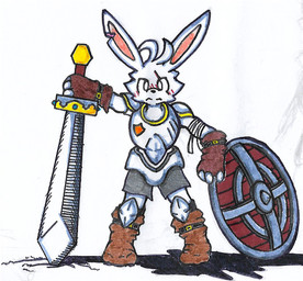 annoyed anthro armor male melee_weapon shield solo sword weapon unknown_artist animal_humanoid humanoid lagomorph lagomorph_humanoid leporid mammal mammal_humanoid rabbit