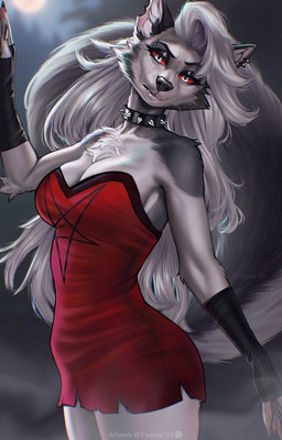 anthro biped breasts claws clothed clothed_anthro clothed_female clothing collar countershade_fur countershade_torso countershading dress ear_piercing female finger_claws fingers front_view fully_clothed fully_clothed_anthro fully_clothed_female fur grey_body grey_fur grey_hair grey_tail hair handpaw inner_ear_fluff legwear looking_at_viewer navel paws piercing red_sclera solo spiked_collar spikes standing tail teeth thigh_highs topwear tuft white_eyes etskuni hellaverse helluva_boss mythology loona_(helluva_boss) canid canid_demon canine demon hellhound mammal mythological_canine mythological_creature 2025 digital_drawing_(artwork) digital_media_(artwork) hi_res