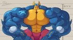 abs anthro biceps big_muscles blue_body bottomwear clothing huge_muscles hyper hyper_muscles looking_at_viewer male muscular muscular_anthro muscular_male open_mouth pecs pink_eyes scar shorts smile solo unusualboo54 nintendo pokemon zen_(unusualboo54) amphibian frog generation_6_pokemon greninja pokemon_(species) absurd_res hi_res