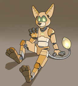 3_toes 4_fingers after_transformation anthro biped featureless_crotch feet fingers glowing glowing_eyes gradient machine male orange_body plantigrade robotization screen_eyes simple_background sitting sitting_on_ground solo toes transformation blueballs ratchet_and_clank sony_corporation sony_interactive_entertainment lombax mammal robot robot_anthro 2020 digital_drawing_(artwork) digital_media_(artwork) hi_res