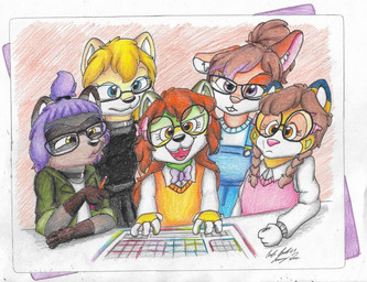 anthro black_clothing black_dress black_nose blonde_hair blue_bottomwear blue_clothing blue_eyes blue_pants bottomwear bow_tie braided_hair brown_hair clothing dark_body dark_fur dress eyewear female fur geek glasses green_body green_clothing green_fur green_shirt green_topwear group hair keybopard looking_at_viewer nerd orange_body orange_eyes orange_fur orange_hair pants pink_bow pink_nose ponytail purple_eyes purple_hair shirt sweater sweater_vest topwear vest yellow_body yellow_fur young young_anthro young_female silversimba01 ashleigh_stark miyu_bunny polymorph canid canine canis domestic_dog fox gulonine husky lagomorph leporid mammal marten mustelid musteline nordic_sled_dog pine_marten procyonid rabbit raccoon siberian_husky spitz