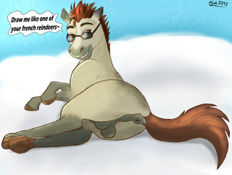 anus balls butt crossed_legs eyewear feral genitals hooves looking_back lying male on_front presenting smug_face snow solo speech_bubble sunglasses tail text hyde3291 elliot_the_littlest_reindeer equid equine horse mammal miniature_horse english_text hi_res