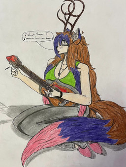 acoustic_guitar anthro antlers big_breasts bottomwear bracelet breasts cleavage clothed clothing crop_top eyelashes eyelashes_through_hair eyes_closed female footwear freckled_face freckles guitar hair horn huge_breasts jewelry multicolored_hair musical_instrument necklace pants playing_music plucked_string_instrument shadow shirt shoes simple_background slippers solo string_instrument sweatpants topwear translucent translucent_hair tuning dylanaildon_no_2 country_roads fender_musical_instruments_corporation tirisk_(dylanaildon_no_2) forest_spirit humanoid mammal colored_pencil_(artwork) hi_res pen_(artwork) traditional_media_(artwork)
