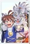 anthro duo fur looking_at_viewer male photo simple_background size_difference smile tongue white_background white_body white_fur juicypokewf cygames world_flipper alk_(world_flipper) nimbus_(world_flipper) felid human mammal pantherine tiger hi_res