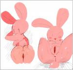 anthro anus blush bodily_fluids border breasts butt female gelbun genitals grey_border hand_on_butt lagomorph leporid looking_back lying mammal multiple_poses n0ncanon nipples nude on_back pink_body pink_skin pose presenting presenting_anus presenting_hindquarters presenting_pussy pussy rabbit simple_background sketch solo standing sweat white_background