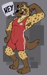 2024 3_toes anthro athletic athletic_anthro athletic_male biceps biped clothing feet flexing flexing_bicep hi_res hyena looking_at_viewer male mammal pecs skkortysoup solo spotted_hyena toes topwear wrestling_singlet