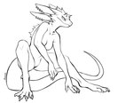 2023 anthro breasts claws digital_media_(artwork) ear_piercing ear_ring falvie featureless_breasts featureless_crotch female fur head_tuft hi_res horn monochrome nude piercing ring_piercing scalie signature simple_background solo toe_claws tuft white_background