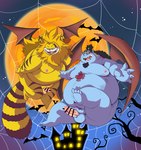 anthro balls belly big_belly blue_body detailed_background duo erection genitals holidays kemono male moobs moon night nipples outside overweight overweight_male penis wings yellow_body chibineco halloween one_piece jinbe nekomamushi felid fish-men_(one_piece) mammal marine minkmen_(one_piece) 2022 absurd_res censored hi_res