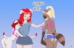 age_difference anthro big_breasts biped blonde_hair blue_background bottomless bottomless_anthro bottomless_female bottomwear bra breasts brown_body butt clothed clothed_anthro clothed_female clothing dialogue dipstick_tail exposed_butt female female_anthro gradient_background group hair hug markings mature_female nipple_outline red_hair shirt shorts simple_background skimpy skirt standing tail tail_markings text topwear trio underwear white_body younger_female flufdustbunny derrie_yerr pookie_(flufdustbunny) yara_yerr canid canine canis domestic_dog hunting_dog mammal pinscher procyonid raccoon terrier 2015 digital_media_(artwork) english_text shaded simple_shading daughter_(lore) mother_(lore) mother_and_child_(lore) mother_and_daughter_(lore) parent_(lore) parent_and_child_(lore) parent_and_daughter_(lore)