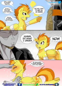 blush clothed clothing cutie_mark dialogue duo faceless_character feathered_wings feathers female feral hair horn latex male multicolored_hair nude open_mouth simple_background tail text wings yellow_body yellow_feathers slasheramaya friendship_is_magic hasbro my_little_pony mythology anon spitfire_(mlp) wonderbolts_(mlp) equid equine human mammal mythological_creature mythological_equine pegasus absurd_res digital_media_(artwork) english_text hi_res